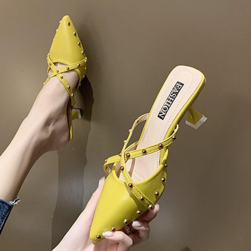 French Fashion Revert Pointed Mid Stiletto Heel Shoes - Yellow image