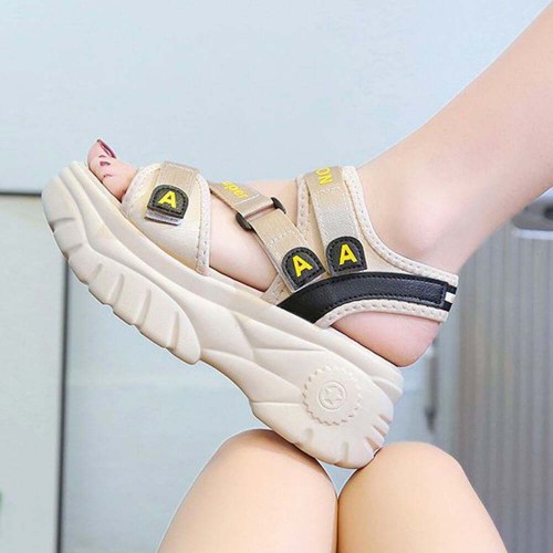 Open Toe Thick Base Platform Velcro Sandals - Beige image
