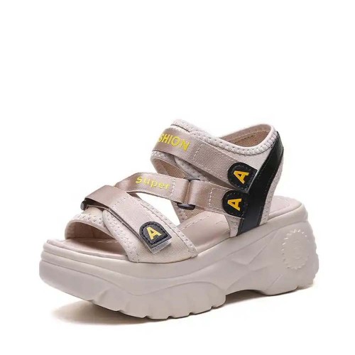 Open Toe Thick Base Platform Velcro Sandals - Beige image