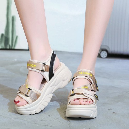 Open Toe Thick Base Platform Velcro Sandals - Beige image
