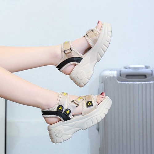 Open Toe Thick Base Platform Velcro Sandals - Beige image