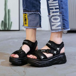 Open Toe Thick Base Platform Velcro Sandals - Black