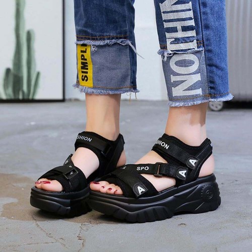 Open Toe Thick Base Platform Velcro Sandals - Black image