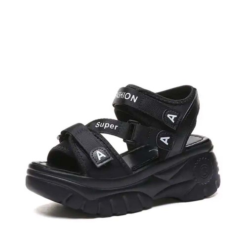 Open Toe Thick Base Platform Velcro Sandals - Black image