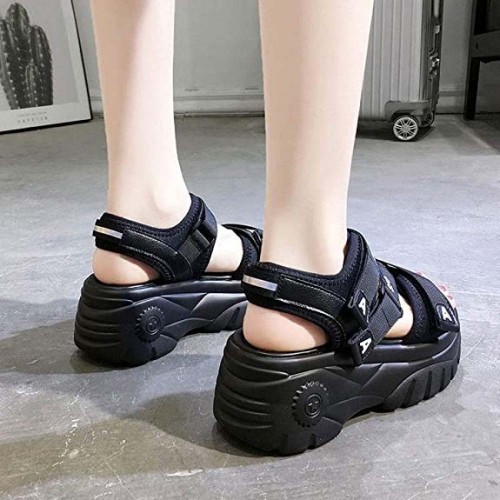 Open Toe Thick Base Platform Velcro Sandals - Black image