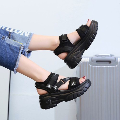 Open Toe Thick Base Platform Velcro Sandals - Black image
