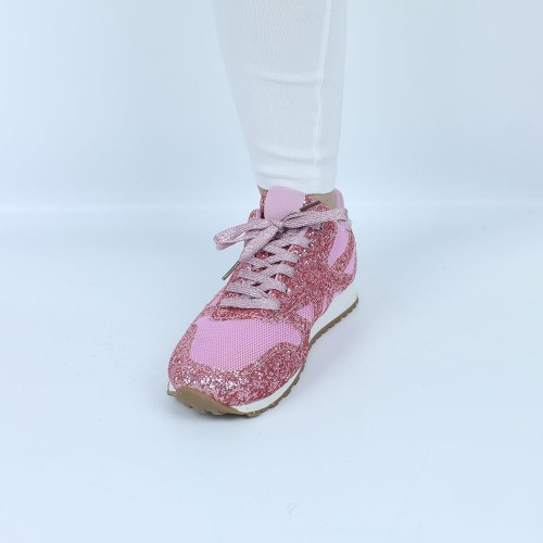Glitter Sequin Lace Up Casual Sneakers -Pink image