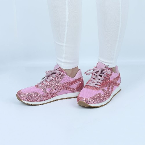 Glitter Sequin Lace Up Casual Sneakers -Pink image