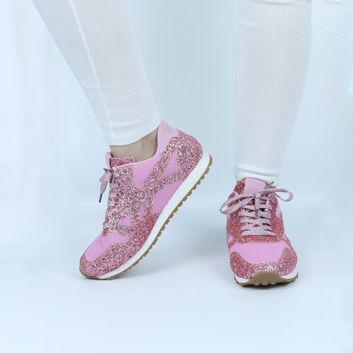 Glitter Sequin Lace Up Casual Sneakers -Pink image