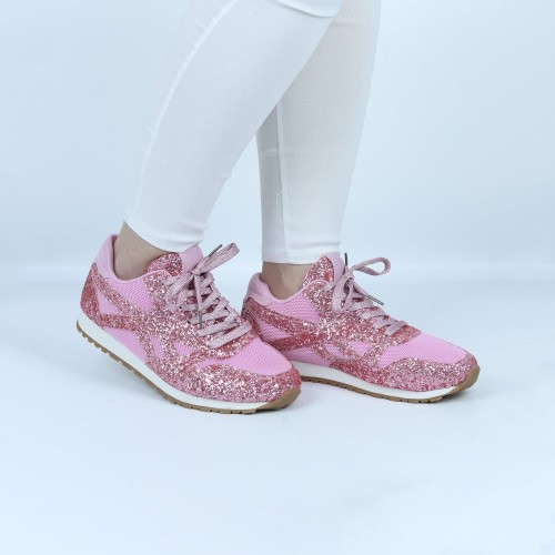 Glitter Sequin Lace Up Casual Sneakers -Pink image