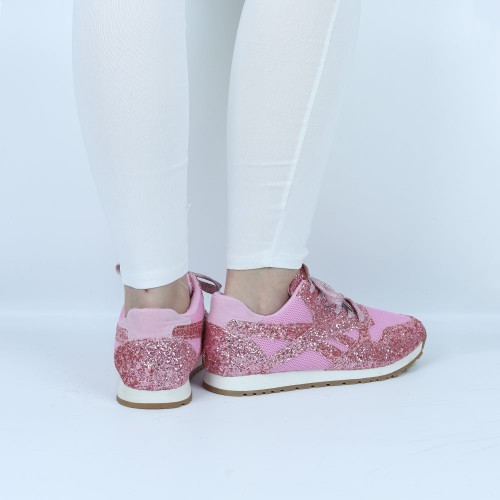 Glitter Sequin Lace Up Casual Sneakers -Pink image
