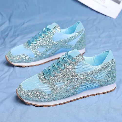 Glitter Sequin Lace Up Casual Sneakers -Light Blue image