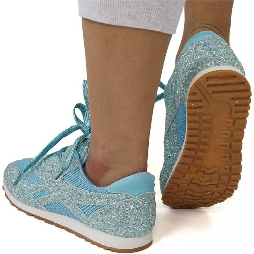 Glitter Sequin Lace Up Casual Sneakers -Light Blue image