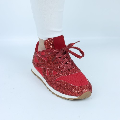 Glitter Sequin Lace Up Casual Sneakers -Red image