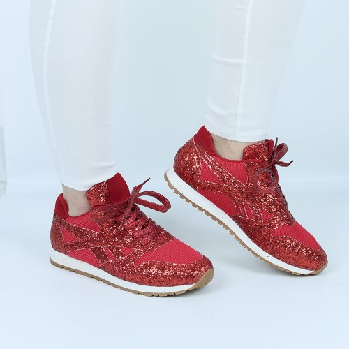Glitter Sequin Lace Up Casual Sneakers -Red image