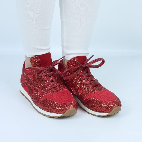 Glitter Sequin Lace Up Casual Sneakers -Red image