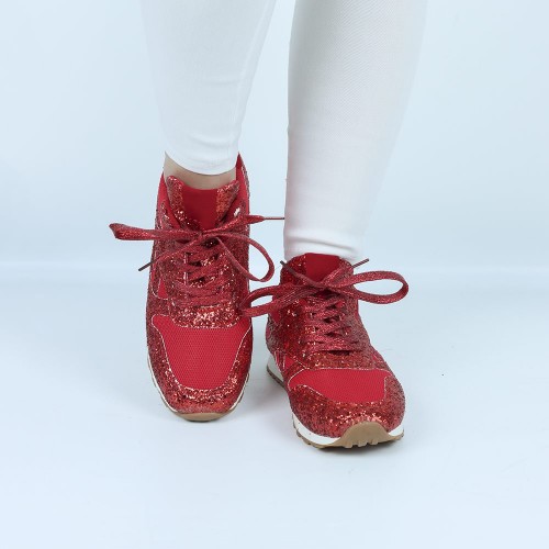 Glitter Sequin Lace Up Casual Sneakers -Red image