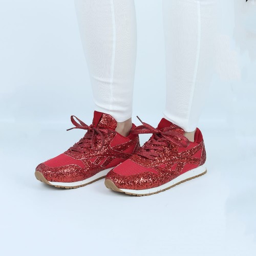 Glitter Sequin Lace Up Casual Sneakers -Red image