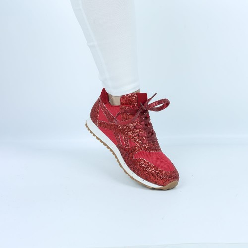 Glitter Sequin Lace Up Casual Sneakers -Red image