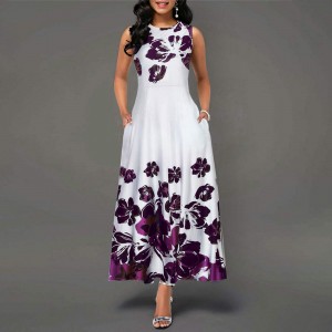 Classic Sleeveless Floral Round Neck High Waist Maxi Dress - White