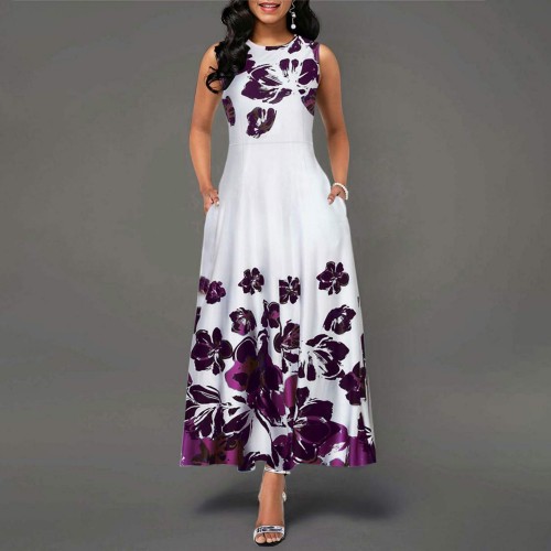 Classic Sleeveless Floral Round Neck High Waist Maxi Dress - White image