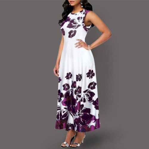 Classic Sleeveless Floral Round Neck High Waist Maxi Dress - White image