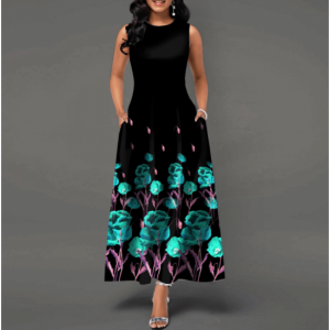 Casual Floral Printed Sleeveless High Waist Maxi Dress -Black