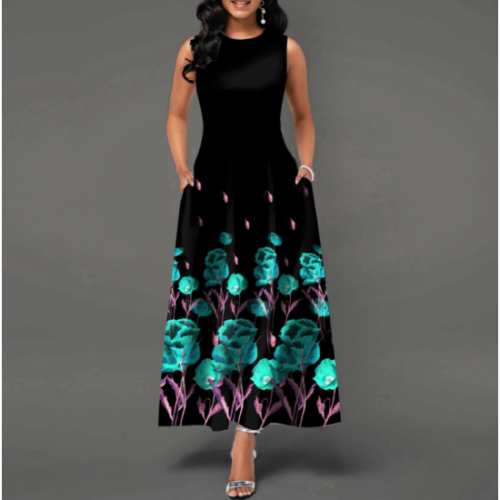 Casual Floral Printed Sleeveless High Waist Maxi Dress -Black image