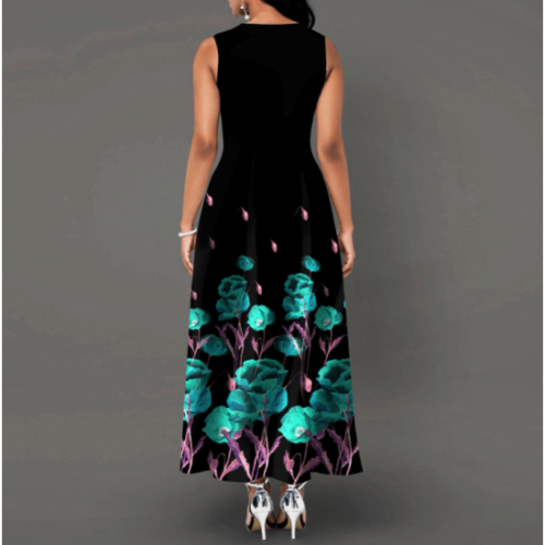 Casual Floral Printed Sleeveless High Waist Maxi Dress -Black image