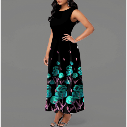 Casual Floral Printed Sleeveless High Waist Maxi Dress -Black image