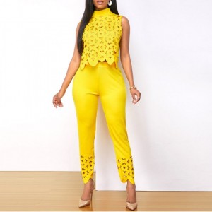 Stylish Sleeveless Hollow Fashion Two Piece Suit - Yellow