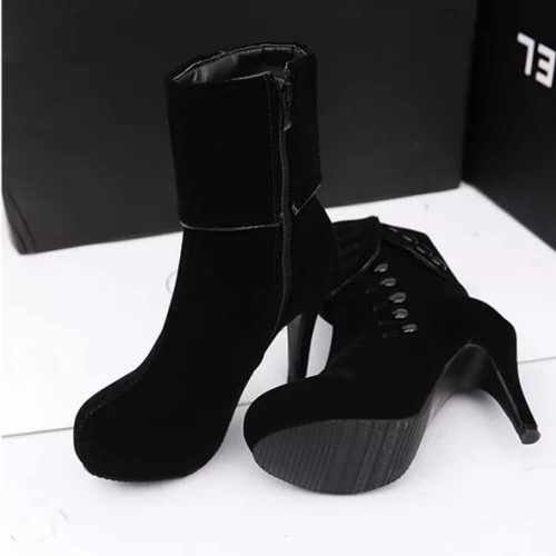 Suede Button Long Hot Style High Heeled Button Boots -Black image