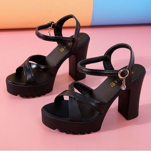Thick Chunky Heel Buckle Party High Sandals -Black image