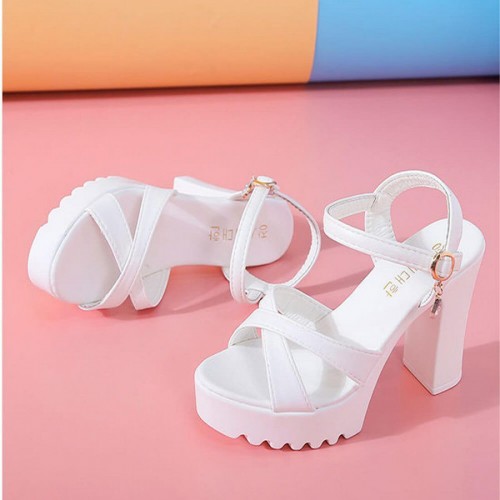 Thick Chunky Heel Buckle Party High Sandals -White image