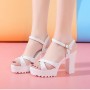 Thick Chunky Heel Buckle Party High Sandals -White