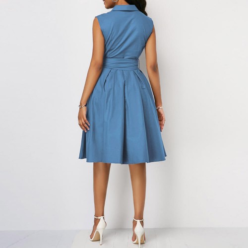 Bow Knot Sleeveless High Waist Mid-skirt Dress - Blue image