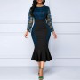 Hollow Stitched Lace Ruffled High Waist Party Dress - Blue