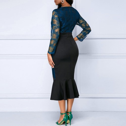 Hollow Stitched Lace Ruffled High Waist Party Dress - Blue image