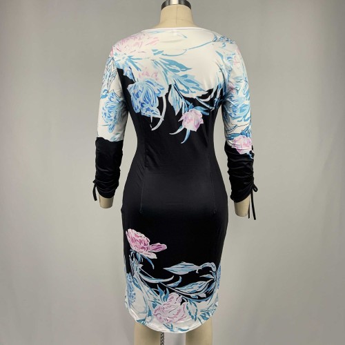 Plaid Floral Printed Half Sleeve Body-con Pencil Casual Dress - Black image