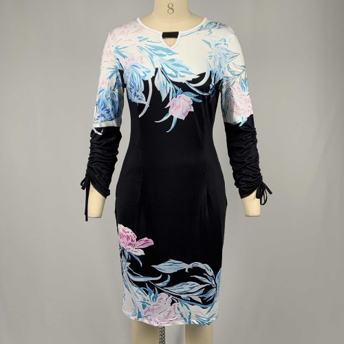 Plaid Floral Printed Half Sleeve Body-con Pencil Casual Dress - Black image