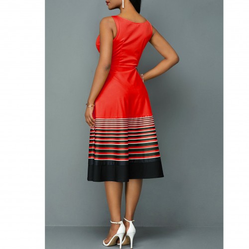 Ruffle Overlay Stripped Borders Printed Sleeveless Midi Dress - Red image