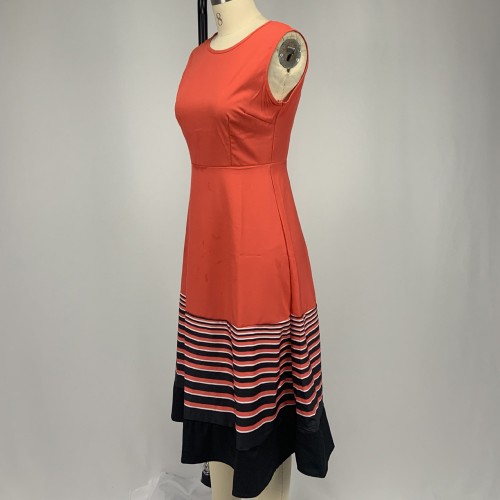 Ruffle Overlay Stripped Borders Printed Sleeveless Midi Dress - Red image