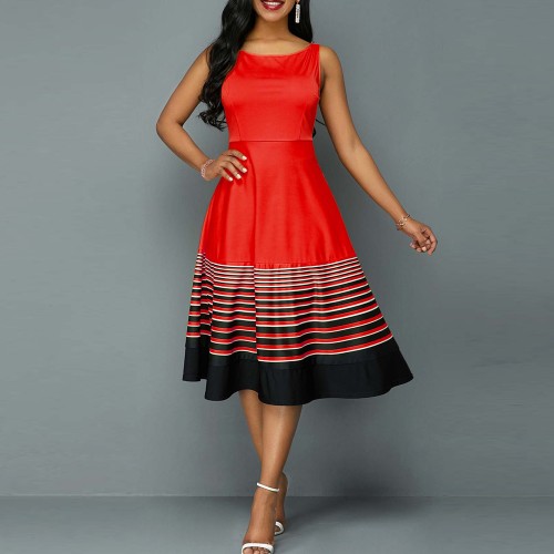 Ruffle Overlay Stripped Borders Printed Sleeveless Midi Dress - Red image