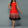 Ruffle Overlay Stripped Borders Printed Sleeveless Midi Dress - Red