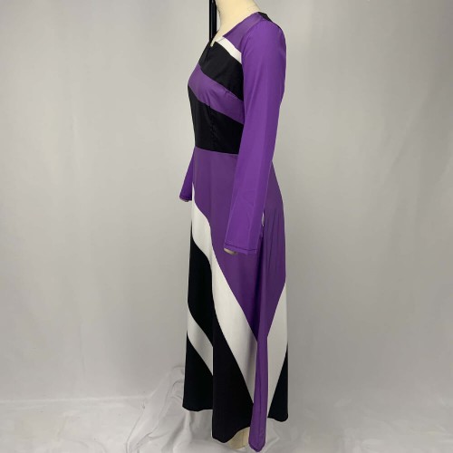 V-neck Geometric Stripe Print Stitching Maxi Dress - Purple image