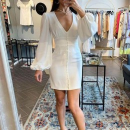 Rivets Patched Stylish V-Neck Pencil Party Dress - White