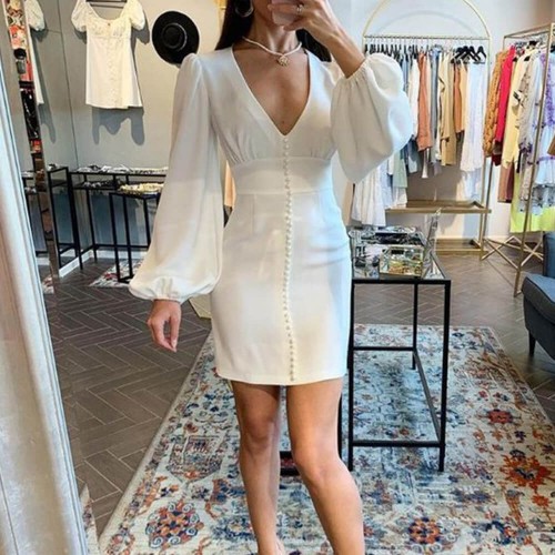 Rivets Patched Stylish V-Neck Pencil Party Dress - White image