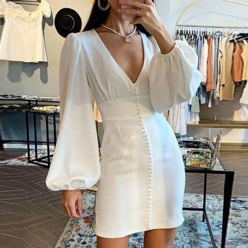 Rivets Patched Stylish V-Neck Pencil Party Dress - White image