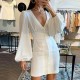 Rivets Patched Stylish V-Neck Pencil Party Dress - White image