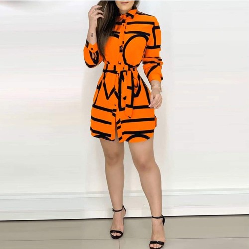 Trendy Striped Printed Full Sleeves Mini Skirt Casual Dress - Orange image
